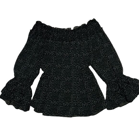 CECE NWT Black/White Dot Print Long Ruffle Sleeve Off Shoulder Chiffon Blouse L - Picture 3 of 13